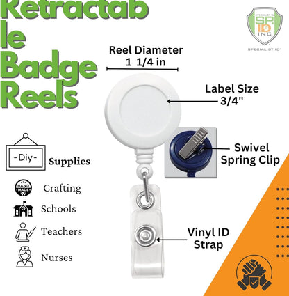 Bulk 100 Pack - Premium Retractable Badge Reels with Alligator Swivel Clip on Back by Specialist ID (White)