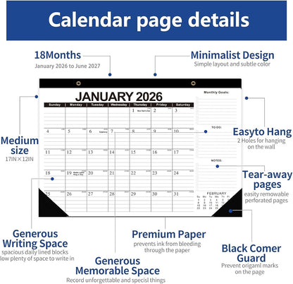 2026-2027 Desk Calendar, 18 Months Desk Calendar Jan 2026 - Jun 2027, 17" × 12" Desktop Calendar with Ruled Blocks, Corner Protectors, Thick Paper for Home Office