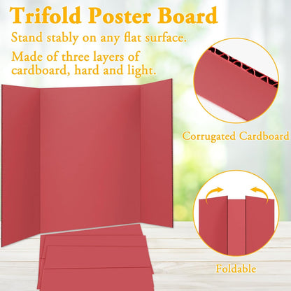 4PCS Medium Trifold Poster Board 26" x 16" Red Tri Fold Presentation Boards, Corrugated Cardboard Picture/Project Display Boards for Event, Exhibition, Business, School Project, Science Fair