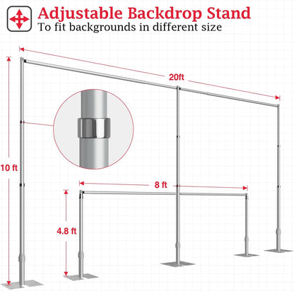 EMART Backdrop Stand Heavy Duty 10ftx20ft, Adjustable Pipe and Drape Photo Background Support Kit, Metal Frame with Flat Base for Wedding Birthday Party Banquet Decorations