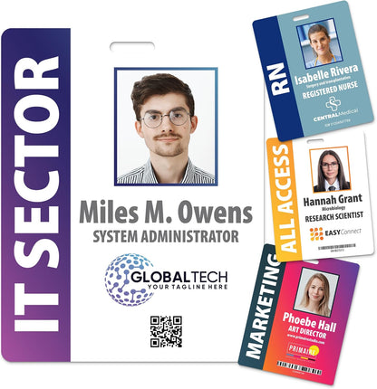 Custom Print Employee ID Badge with Vertical Side Text, Double Sided Print with Name, Photo, Logo, and Barcode – Unique Photo ID Card Solution (Horizontal Oversize)