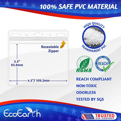 EcoEarth - Horizontal PVC Card Protector with Metal Clips and Vinyl Straps with Soft Edge - Sealable Fits 4x3 inch Inserts - Clear, 100 Pack - Waterproof ID Holder Bulk - ID Card Holder