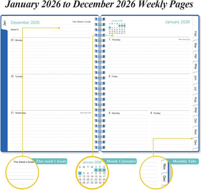 2026 Planner - Planner 2026 from January 2026 - December 2026, Weekly & Monthly Planner Spiral Bound with 12 Monthly Tabs, Inner Pocket, 6.4" x 8.5", Blue-B