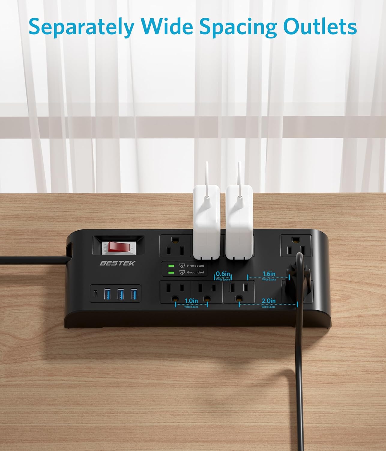 BESTEK 4,000 Joules Surge Protector with USB,6 Feet Extension Cord Power Strip with 8 AC Outlets 15A 1875W,5V 4.2A 4 USB Charging Ports Desktop Charging Station,Wide Spaced Outlet for Large Plug,Black