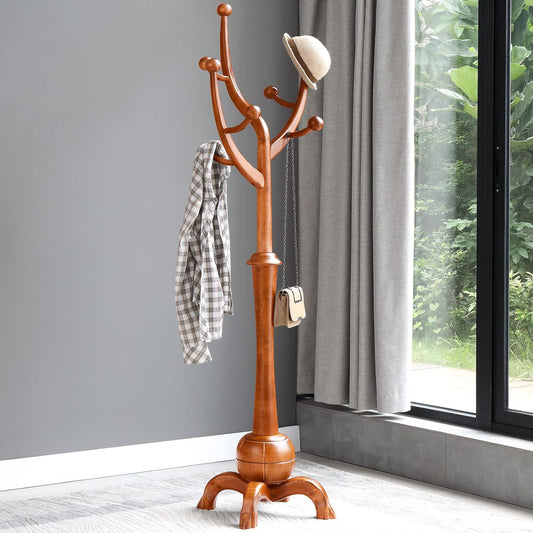 Coat Rack Freestanding Wood Tree Rack with 8 Hooks, Creative Design Tree Branch-look, Coat Tree Clothes Hanger Stand with Stable Sphere Base for Entryway, Hallway, Bedroom - Load 160lbs (Light Brown)