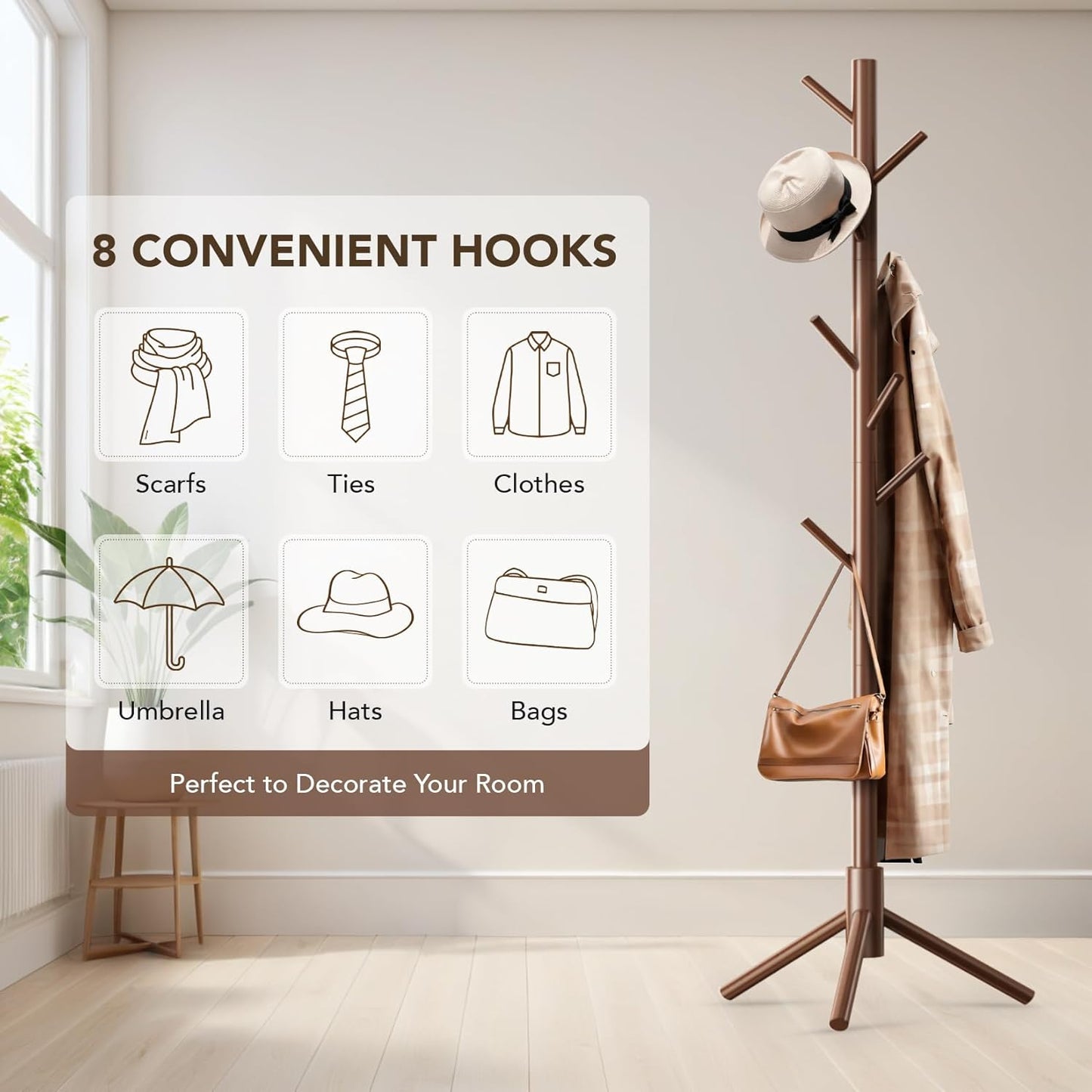 Wooden Tree Coat Rack Stand,Sturdy Freestanding Coat Rack with 8 Hooks,3 Adjustable Height for Child Adult,Wood Coat Stand Tree Fits Entryway Bedroom Office for Bags,Hats