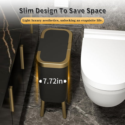 Procade 2Pack Trash Can with Lid, Modern Bedroom Garbage Can with Gold Edge, Slim Kitchen Garbage Bin，4 Gallon Trash Bin Plastic Waste can for Office, Living Room,Toilet,Bathroom (Black+White)