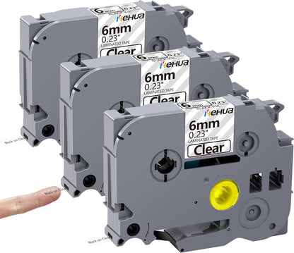 Hehua Tze Tz 6mm 0.23 Laminated Clear Tape Compatible for Brother Label Maker Tape TZe-111 TZe111 TZ-111 TZ111 for Ptouch PT D200 D210 H110 1880, 1/4'' x 26.2ft Black on Clear, 3 Pack