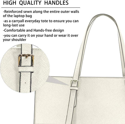 Laptop Bag for Women Waterproof Lightweight Leather 15.6 Inch Computer Tote Bag Business Office Briefcase Large Capacity Handbag Shoulder Bag Professional Office Work Bag Beige