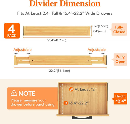 Lifewit 4 Pack Drawer Dividers Bamboo 2.4" High, 16-22" Adjustable Drawer Organizers for Clothes, Wooden Dresser Separators in Bedroom/Bathroom/Kitchen/Fridge/Office Organization and Storage
