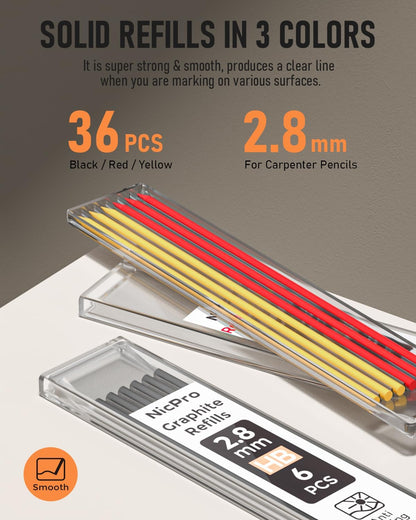 Nicpro 3 Pack Carpenter Pencil Set with Sharpener & Finger Grip, Mechanical Woodworking Pencils with 39 Refills (Red, Black, Yellow), Deep Hole Marker Heavy Duty Construction Pencils - With Case