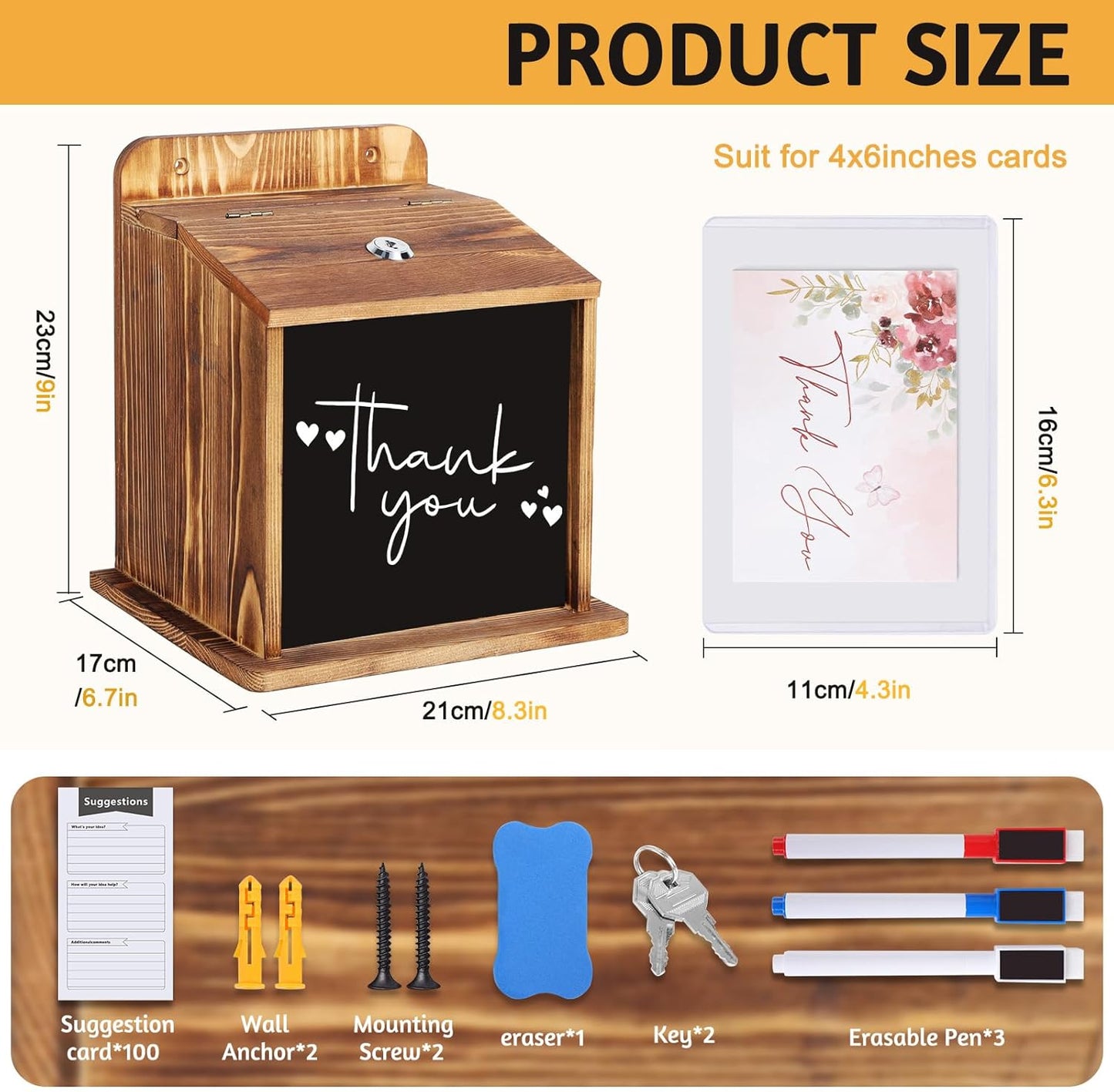 Suggestion Box with Slot Lock with 100 Suggestion Cards - Ballot, Donation, Comment Drop Box for Church, Office, Wedding - Wall Mount/Countertop