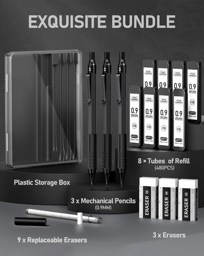 Four Candies 0.9mm Mechanical Pencil Set with Case, 3PCS Metal Artist Lead Pencil with 8 Tubes (480PCS) HB Lead Refills, 3 Erasers, 9 Eraser Refills For Engineer Art Writing Drafting, Black