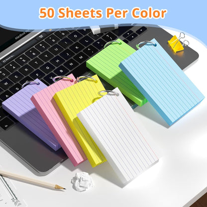 Index Cards 3x5 Inches, 300 PCS, Colored Flash Cards With Ring, Punched Lined Study Card Ruled Flashcards Notecards, Ruled Front And Blank Back, Note Card for School, College And Home