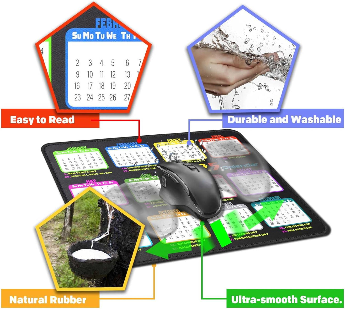 Calendar Mouse Pad 9.5 X 7.8 in, Mouse Pads with Stitched Edges and Non-Slip Rubber Base, Home Office Desk Decor Accessories for Computer Laptop Work Gaming (White 2025 with Holidays)