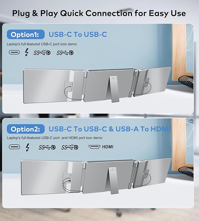 FOPO 14" Triple Monitor Laptop Screen Extender-FHD 1200P 16:10 Laptop Screen Extender, Left Screen 360° Flip Portable Monitor for 12-16.5" Laptops with HDMI/USB-C, Plug & Play - S7