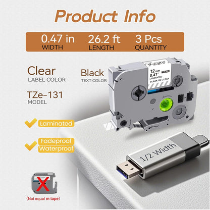 UNOKA Replace for Brother P-Touch Label Tape Clear 12mm 0.47 Laminated TZe-131, TZe TZ Label Maker Refills Black on Transparent for P Touch PT-D200G PT-D210 PT-D220 PT-2040, 1/2Inch x 26.2ft, 3PK