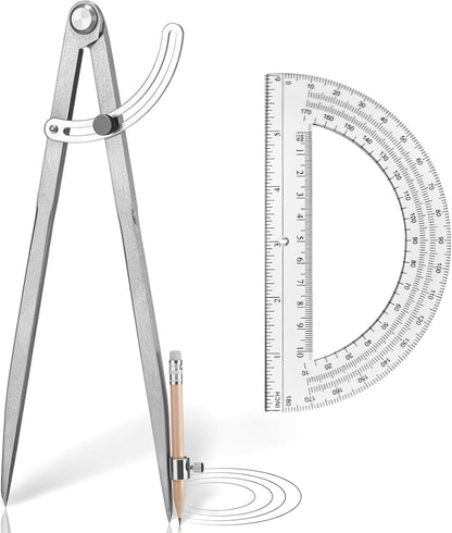 Zonon Professional 12 Inch Large Compass with Wing for Woodworking and 6 Inch Protractor Set, Pencil Compass for Geometry Math Carpenter, Drafting, Drawing Tool