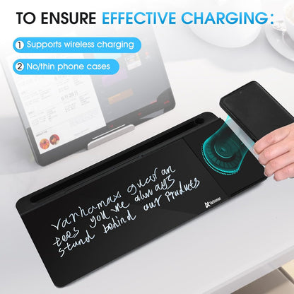 Varhomax Glass Desk Whiteboard Black with Wireless Charger, Desktop Dry Erase White Board with Storage,to Do List Memo Notepad for Home and Office