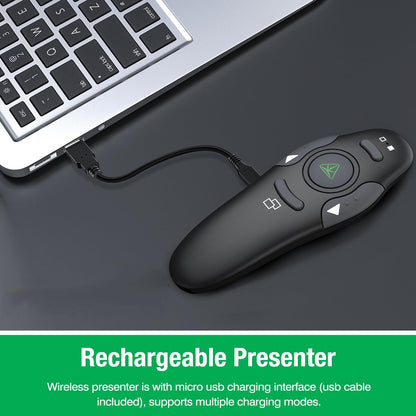 DinoFire Green Presentation Clicker Wireless Presenter Remote, RF 2.4GZ Rechargeable USB Slide Clicker for Powerpoint Presentation Computer Laptop