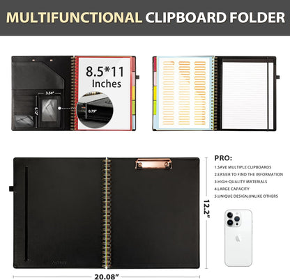 Clipboard with Storage for Men Women, Leather Padfolio Portfolio Organizer 5 Folders with 10 Pockets, Spiral Clipboard Folio with Notepad for Letter Size, Elastic Closure and Pen Loop Black