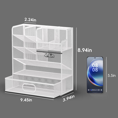 Mesh Pen Organizer for Desk, Multi-Functional Pencil Holder with Drawer Desk Organizers, Large Capacity Storage for School Office Home Supplies (White)