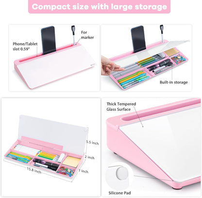 Varhomax Glass Desk Whiteboard with Storage, Desktop Organizer to-do List Memo Notepad Dry Erase White Board for Home Office and School Supplies (Pink)