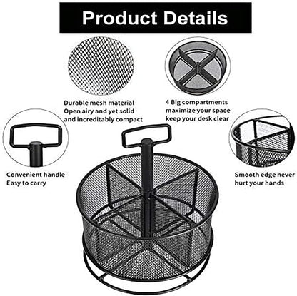 Marbrasse Mesh Desk Organizer, 360-Degree Rotating Multi-Functional Pen Holder, 4 Compartments Desktop Stationary Organizer, Home Office Art Supply Storage Box Caddy (Black)