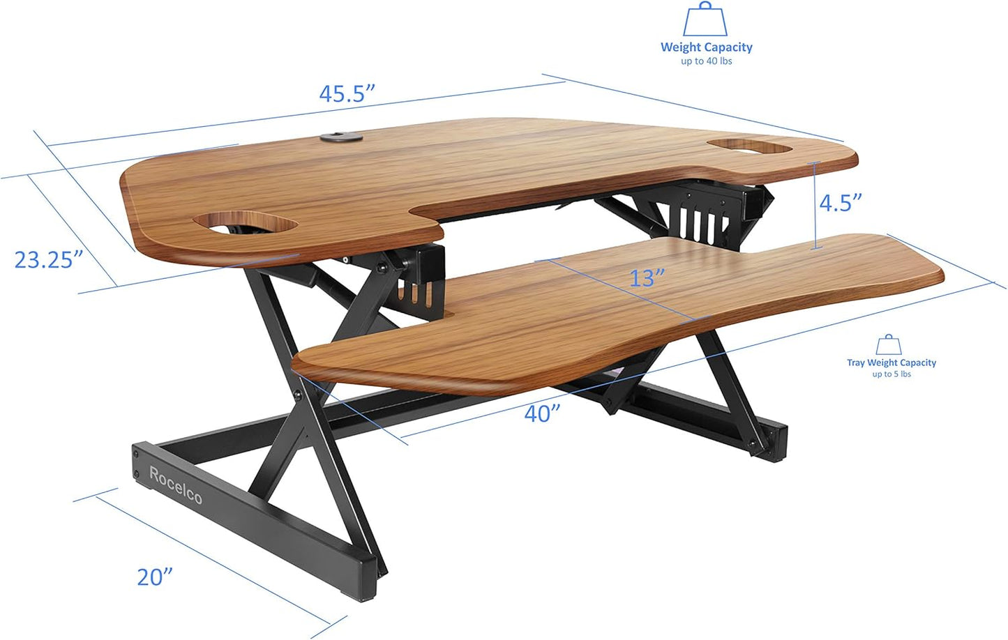 Rocelco 46" Height Adjustable Corner Standing Desk Converter with Anti Fatigue Mat Bundle - Quick Sit Stand Up Dual Monitor Riser - Computer Workstation - Teak Wood Grain (R CADRT-46-MAFM)