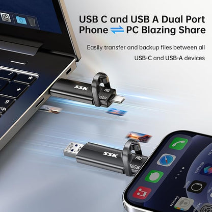 SSK USB Flash Drive 256GB SSD External, TLC NAND Solid State Drive Dual USBC & USBA Ports, Up to 1000MB/s High-Speed Portable 1TB USB Thumb Drive Stick for iPhone 15/16/17 Pro, Mac, Android, PC Backup