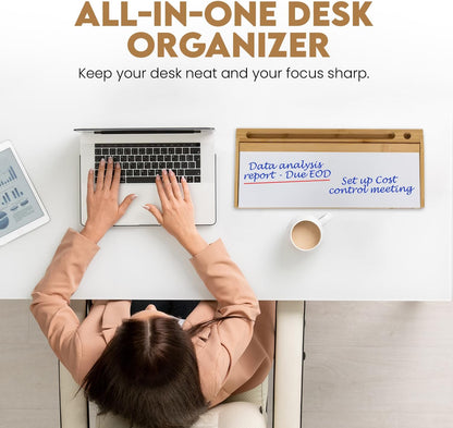 Desk Whiteboard with Storage - 16.2" x 6.7" x 2" with 3 Markers and 1 Eraser, Small Whiteboard for Desk - KAHJIN Natural Bamboo Dry Erase Board with Organizer for Office, Home, or School Essentials