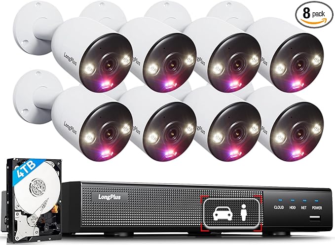 LongPlus 4K PoE Security Camera System, 12MP H.265+ 16CH NVR with 4TB HDD for 24-7 Recording, 8pcs Wired Home Security Camera System, Person Vehicle Detection, CCTV for Home Businesses, LP8MEF8B1