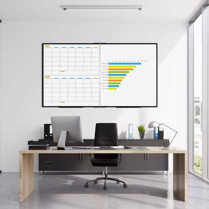 JILoffice Magnetic Foldable Dry Erase Calendar Whiteboard Combo, 2 Month Calendar Board & White Board 72 X 40 Inch, Black Aluminum Frame Wall Mounted Board for Office Home and School