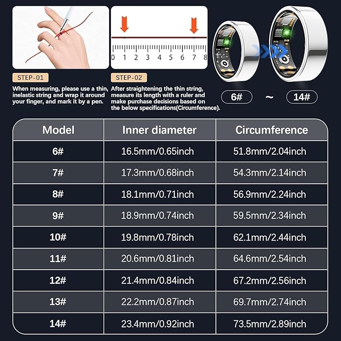 Health Tracker Ring, Smart Health Ring for Women Men with Heart Rate, Blood Oxygen, Sleep Monitor, Steps,Calories, No Subscription Fee, IP68 Waterproof Smart Ring for iPhone & Android (Silver, 13#)