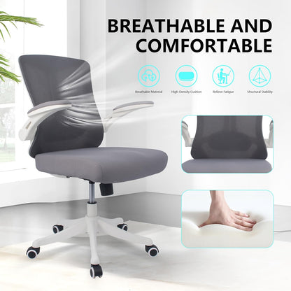 Ergonomic Comfort Home Desk Office Chair, Mid Back Computer Gaming Chair with Wheels, Adjustable Height, Lumbar Support, Flip-up Armrest with 350LBS Capacity (White Grey)