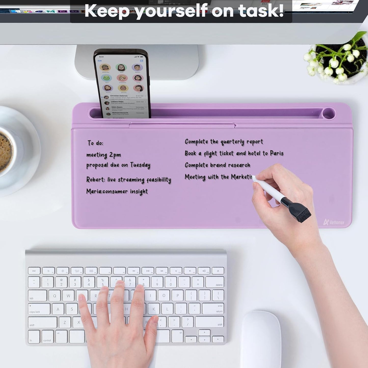 Varhomax Glass Desk Whiteboard with Storage, Desktop Organizer to-do List Memo Notepad Dry Erase White Board for Home Office and School Supplies (Purple)