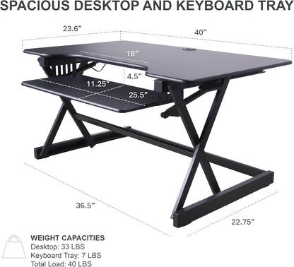 Rocelco 40" Height Adjustable Standing Desk Converter with AC Outlet USB Charger and Anti-Fatigue Floor Mat - Sit Stand Up Tabletop Riser - Sliding Keyboard Tray - Black (R DADRB-40-ACUSB-MAFM)