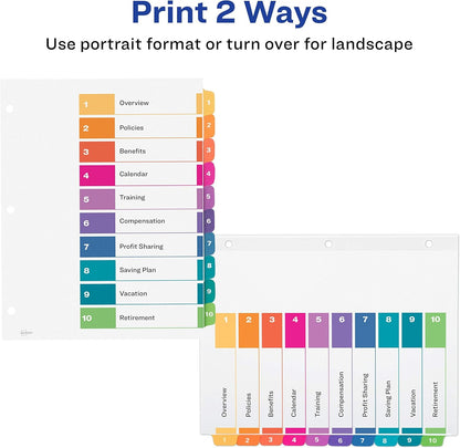 Avery Dividers for 3 Ring Binders, 10 Tabs per Set, Customizable Table of Contents, Multicolor Tabs, Great for Organizing Reports, Projects, and More (11135)