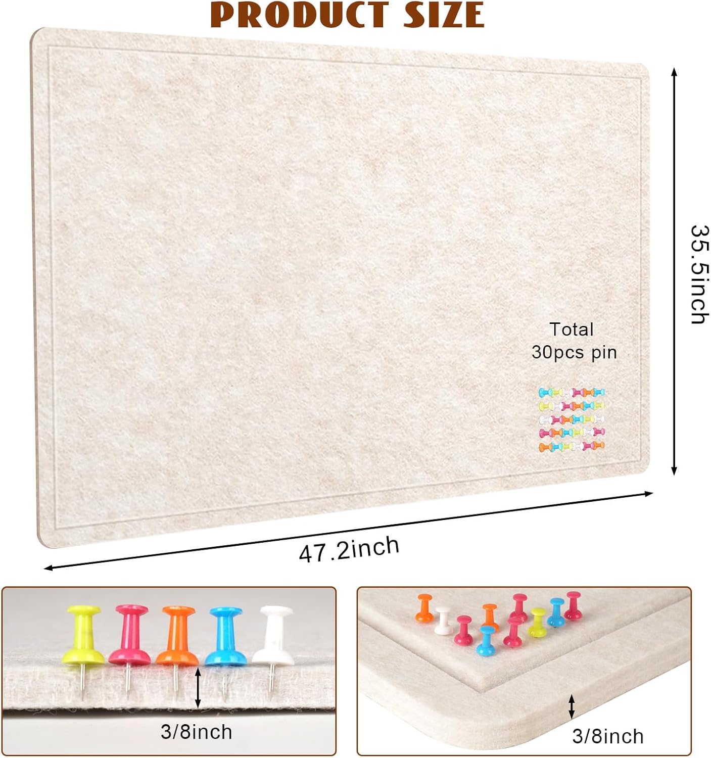 Large Bulletin Board, 48 X 36 inches Felt Board Notice Pin Board, 4' x 3'Cork Board Alternative for Wall, Self-Adhesive Vision Board Mood Board Foldable Photo Board with 30 Pushpin (Oatmeal)