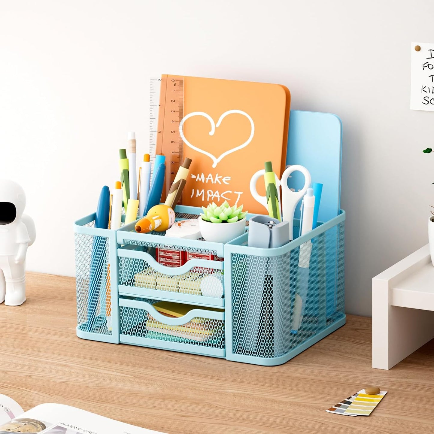 Marbrasse Mesh Desk Organizer, Pen Organizer with 2 Drawer, Multi-Functional Pencil Holder, Desk Organizers and Accessories with 5 Compartments + Drawer for Office Art Supplies (Blue)