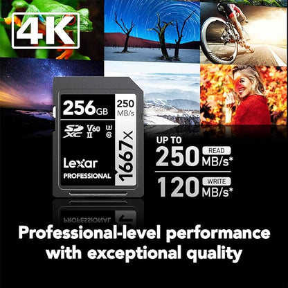 Lexar 256GB Professional 1667x SD Card, UHS-II, C10, U3, V60, Full HD, 4K, Up To 250MB/s Read SDXC Memory Card, for Professional Photographer, Videographer, Enthusiast (LSD256CBNA1667)
