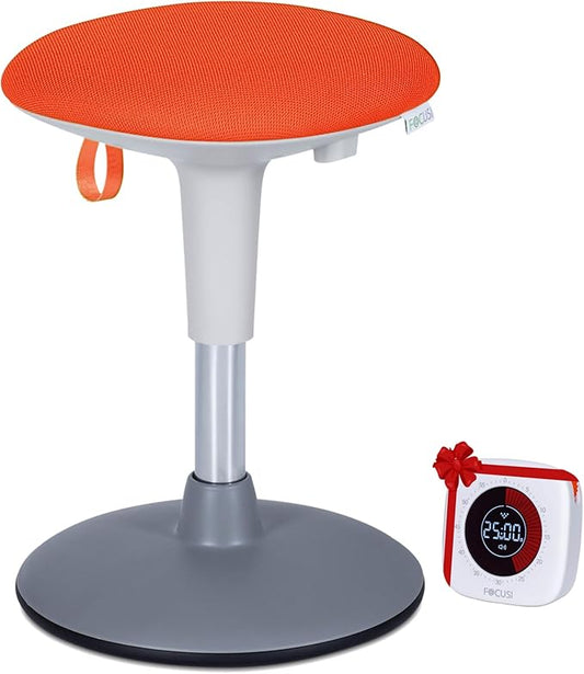 Wobble Stool for Kids Ages 7–12; Adjustable Height Wobble Stools for Classroom Seating with Soft Cushion; Flexible Wiggle Chair for Focus and ADHD Support + Bonus Visual Timer (Sunny Orange)