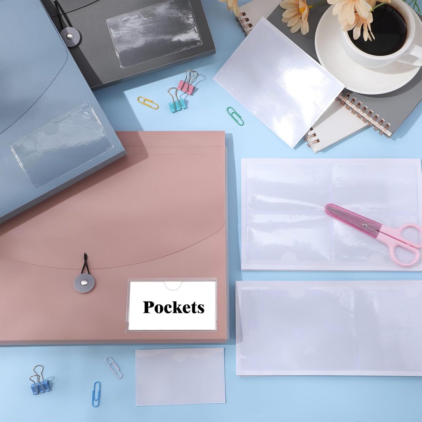 Outus 100 Pcs Clear Self Adhesive Pockets - Bin Labels for Storage Bins, Pocket Label Sleeves, Plastic Index Card Holder with Top Open for Organizing Bins Box Drawer(2 x 3.75, 3 x 5 Inch)