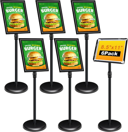 6Pack Adjustable Pedestal Sign Holder - 8.5''x11'', Floor Standing Poster Sign Stand, Aluminum Frame for Vertical/Horizontal View, Outdoor/Indoor Use, Black