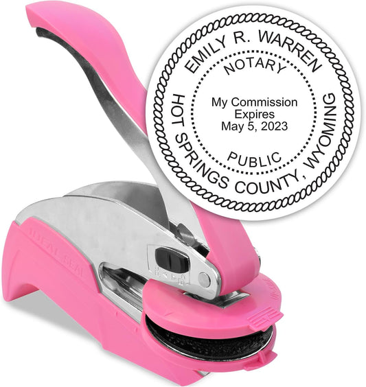 MaxMark Notary Seal Round Pink Embosser for Wyoming State - Includes Gold Burst Seal Labels (50 Count)