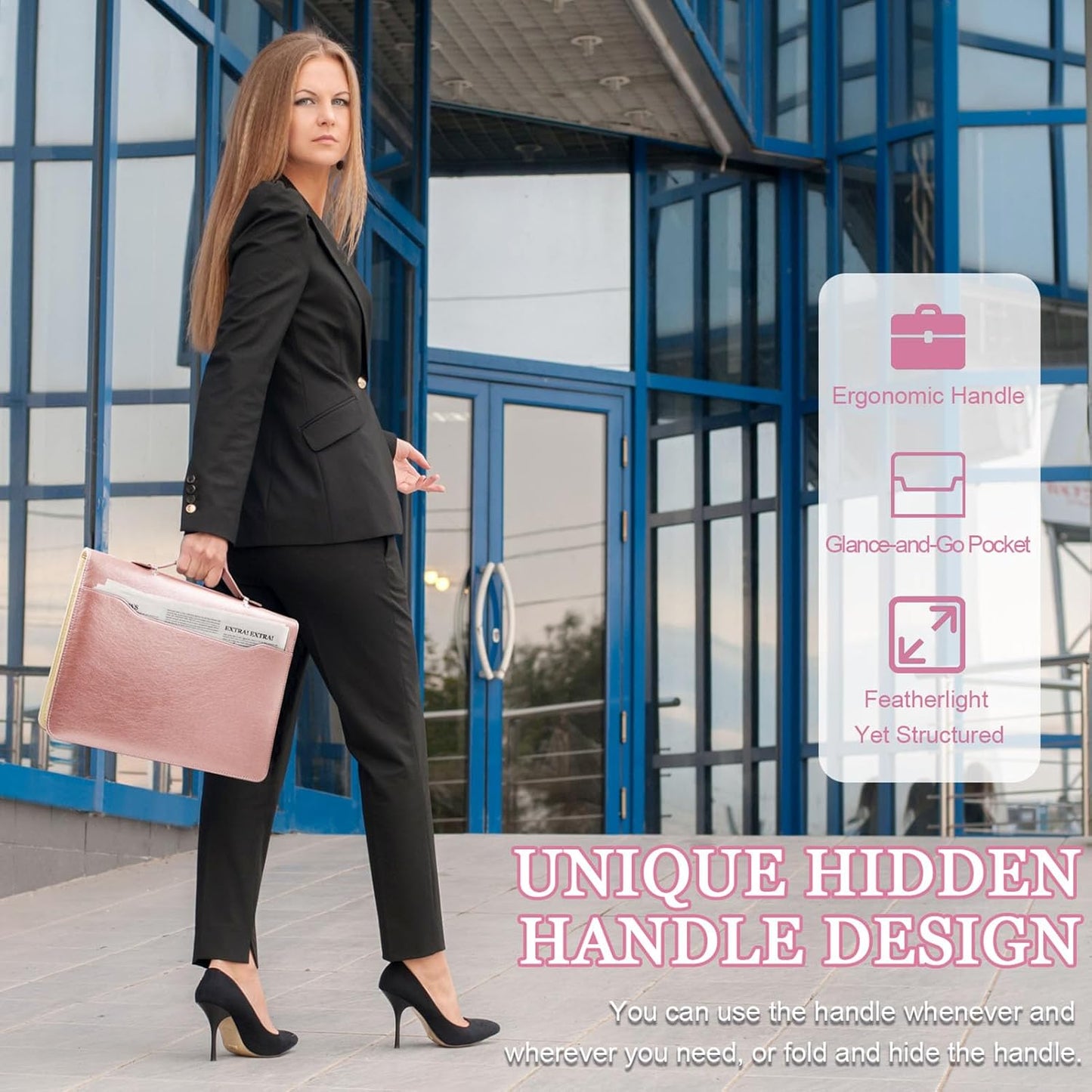 Faux Leather Portfolio Binder with Handle & Clipboard, Zippered Padfolio Folder Organizer 3 Ring Binder for Document, Business Card Holder, Professional Portfolio Notebook for Men & Women (Rose Gold)