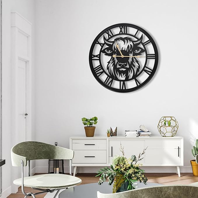 20inch Large Wall Clocks for Living Room Decor,Farmhouse Black Metal Decorative Wall Clock,Wall Clocks Battery Operated for Bedroom,Kitchen(Highland Bull Wall Clock, 20 Inch)
