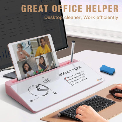 SELEAD Desktop Glass Whiteboard with Organizer & Built-in Mirror - Small Dry Erase White Board Computer Pad Keyboard Stand with Markers, Eraser, Holder for Women Girls - Pink