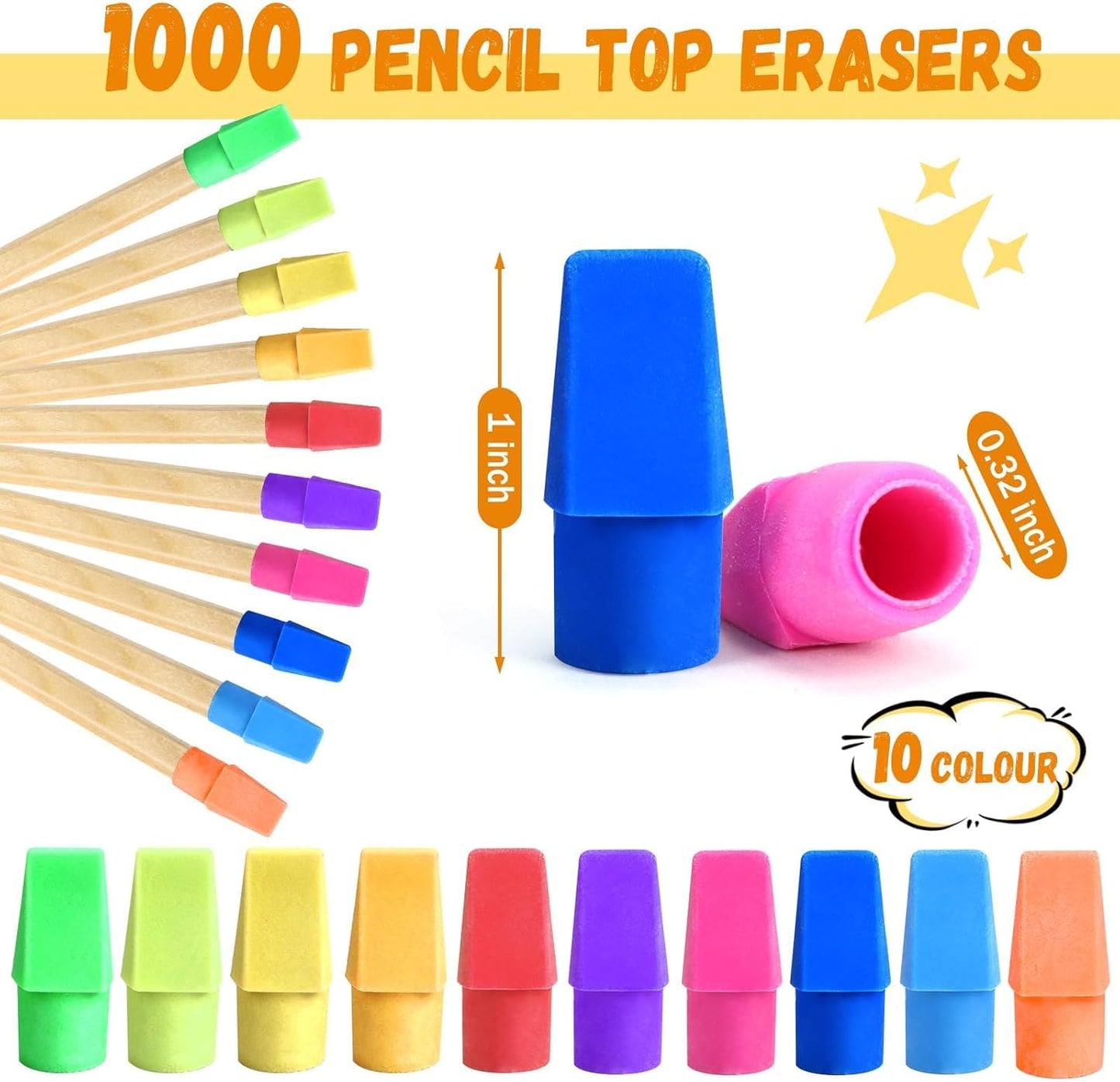 PRALB 1000PCS Pencil Top Eraser Bulk Caps for Pencils,Chisel Shape Erasers Toppers for Party Favors Games Prizes, Pencil Top Erasers Cap for Home School Classroom Office