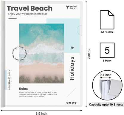 JOERSH 5Pcs Clear Report Covers with Sliding Bar, 40 Sheet Capacity Plastic Binder Paper Protector, Report Folders with Clear Cover for Resume File Documents, 5 Colors